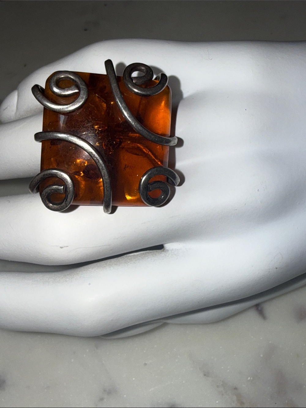 Amber Sterling Scroll-Accent  StatementRing - Brown